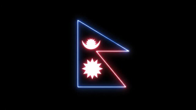 Neon Nepal Flag on Black - A stylized representation of the Nepalese flag glowing with neon light against a stark black background.
