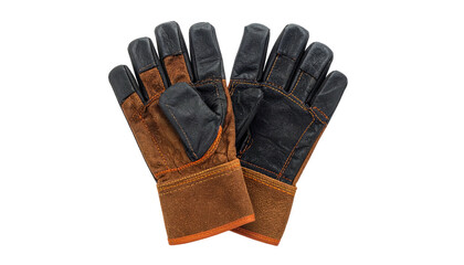 Close-up of work gloves, brown and black leather, orange stitching, isolated on black