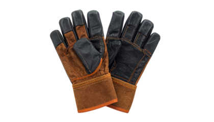Close-up of work gloves, brown and black leather, orange stitching, isolated on black