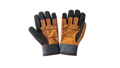 A pair of work gloves, orange and black, spread open with fingers extended