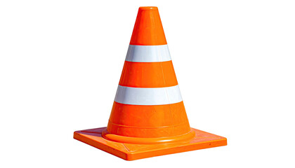 Isolated orange traffic cone with white stripes stands on a black background