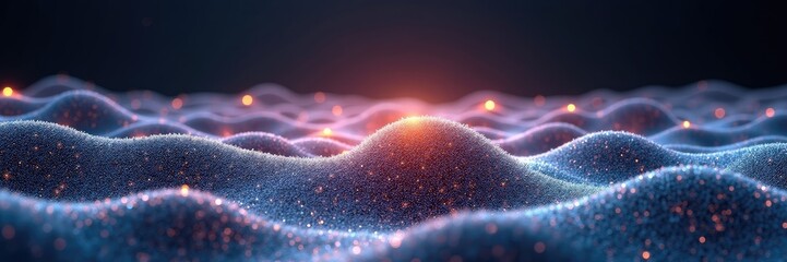 Abstract digital landscape showcases a field of textured blue and purple dunes with radiant, glowing particles, illuminated by warm orange light, creating a serene, ethereal, and captivating visual...