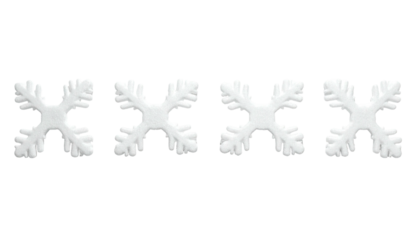 Four white, symmetrical, snowflake-shaped objects in a row against a stark black backdrop