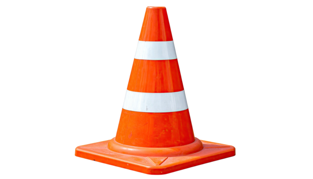 Single, vibrant orange & white striped cone on a square base; shadow removed