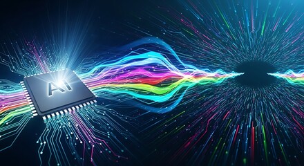 AI Chip Processing Data with Colorful Neural Network Connection.