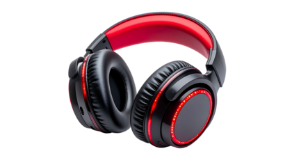 Black and Red Wireless Headphones Isolated on White Background.