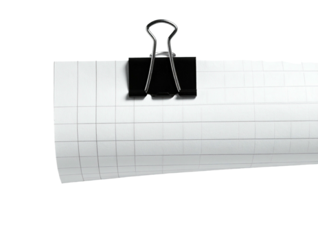 Gridded paper held by a black binder clip, isolated on a transparent background