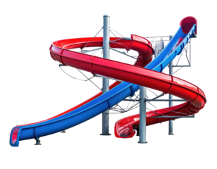 Towering, spiraling waterslide with red and blue tubes against a black background
