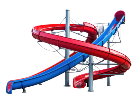 Towering, spiraling waterslide with red and blue tubes against a black background