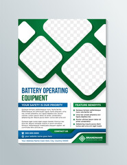 Battery operating charging modern business flyer banner design template, Pushpin creative poster stand or brochure concept, Arrow pointing to left cover publication. square shapes for photo space.
