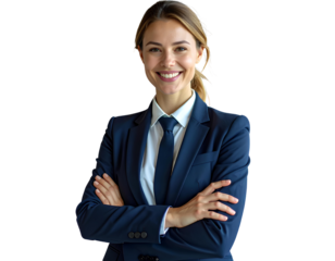 Portrait of a smiling corporate executive wearing a navy suit and tie, arms crossed,