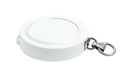 White, round keychain accessory with a silver metal clasp and ring