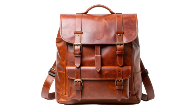 Brown Leather Backpack with Buckles and Straps.