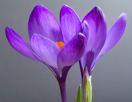 Close-up photograph of two vibrant purple crocus flowers with orange stigmas and green shoots. The background is a smooth gray