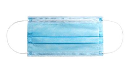 Flat, blue, rectangular disposable face covering with white elastic straps