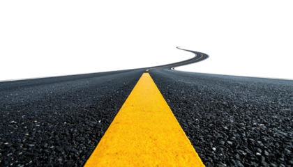 A winding asphalt road with a bright yellow stripe vanishes into darkness above