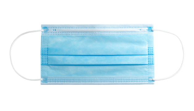 Flat, blue, rectangular disposable face covering with white elastic straps