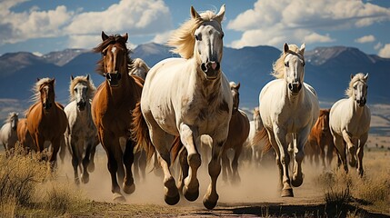 Obraz premium A herd of wild horses gallop across a dusty plain with mountains in the background under a blue sky.