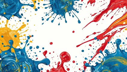Colorful paint splatters create an abstract design against a white background, showcasing bright hues of blue, yellow, and red with dynamic splashes and droplets.