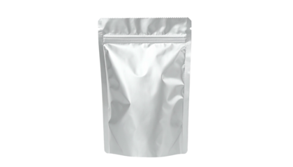 A shiny, silver, stand-up pouch with a zip closure, isolated on a black background