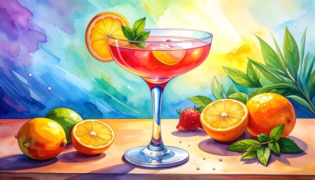 A vibrant watercolor illustration showcasing a cocktail in a stemmed glass, surrounded by citrus fruits and lush greenery, with a colorful abstract background