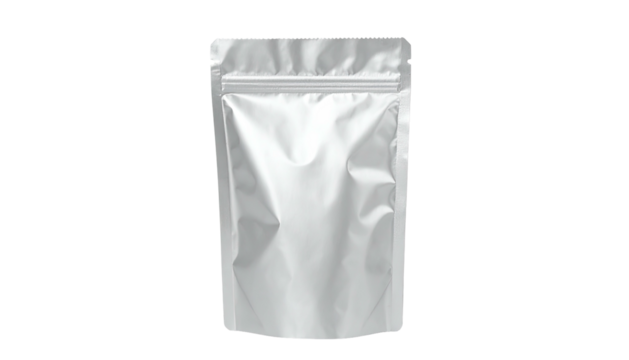 A shiny, silver, stand-up pouch with a zip closure, isolated on a black background