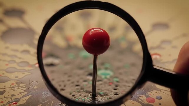 Red pushpin on world map viewed through magnifying glass for travel concept
