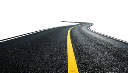 Winding asphalt road with a yellow center stripe, against a stark black background