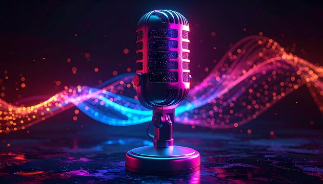 A vintage-style microphone stands, bathed in neon light, against a bokeh wave background, reflecting on a surface