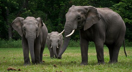 Fototapeta premium Three elephants in grassy field