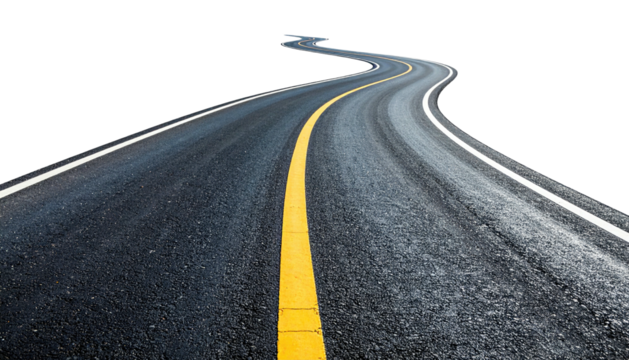 Asphalt road with yellow dividing line curves into the distance, set against black