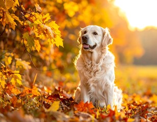 Golden retriever sits among autumnal foliage, bathed in sunlight. The dog is light-colored, with a joyful expression. Warm colors highlight the season