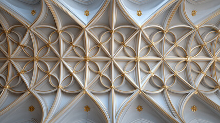 Ornate ceiling with geometric patterns and gold accents creates a sense of grandeur and elegance