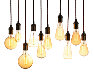 Ten hanging vintage light bulbs, glowing warmly, against a black backdrop