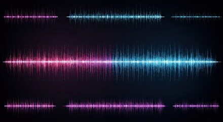 Abstract digital sound waves with glowing pink and blue equalizer bars on a dark background, representing audio visualization.