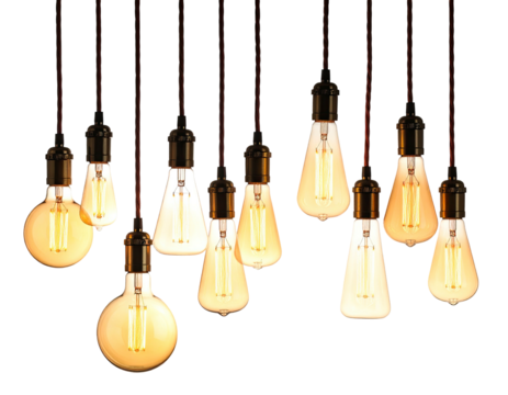 Ten hanging vintage light bulbs, glowing warmly, against a black backdrop
