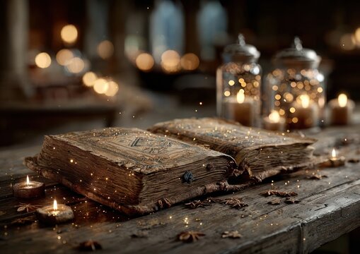 Ancient spell book open on a wooden table, magical symbols glowing, surrounded by floating candles - Powered by Adobe