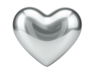A shiny, metallic heart with a glossy, reflective surface against a black background
