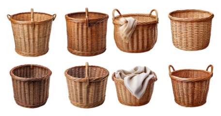 Variety of Woven Rattan Baskets with and without Textiles, PNG bundle collection, Isolated on Transparent Background