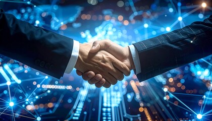 Two business people in suits shaking hands with a vibrant overlay of connected lines and a blurred world map backdrop