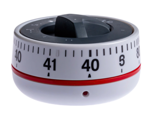 Circular kitchen timer with a red band, black knob, and white rotating dial showing numbers
