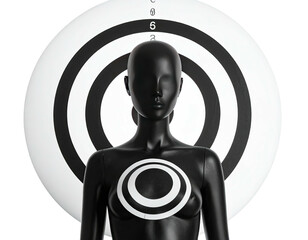 A black headless mannequin stands before a bullseye target. Chest has a circular mark