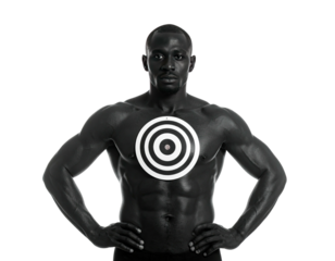 Muscular man with target on chest. Black and white image, hands on hips, serious gaze
