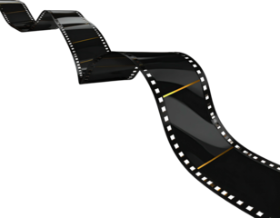 Curving roll of glossy, black photographic film with gold frame accents against black