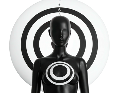A black headless mannequin stands before a bullseye target. Chest has a circular mark
