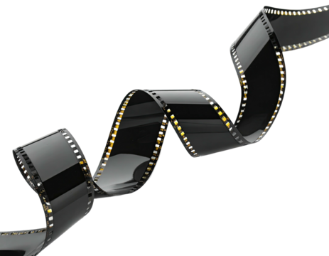 A glossy, swirled strip of photographic film against a black background