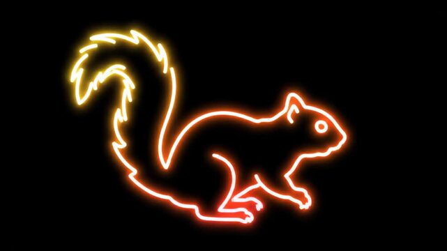 Neon Squirrel Silhouette on Black Background - A brightly colored neon sign illuminates a squirrel silhouette against a stark black background. The gradient of colors is from yellow to pink.