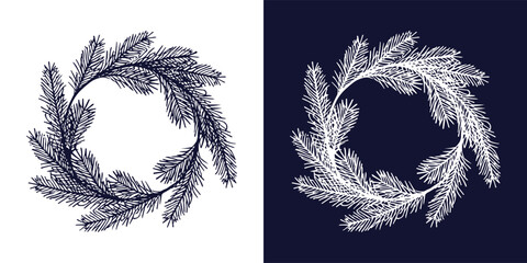 Obraz premium Elegant pine branch wreath illustration in minimal black and white, winter botanical frame for holiday decoration
