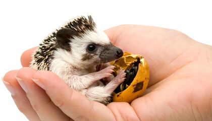 Cute baby hedgehog held in hands eating a piece of fruit.