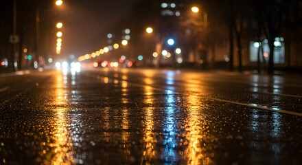 Fototapeta premium Wet asphalt street at night reflects city lights and car headlights, creating a blurry, illuminated urban scene.